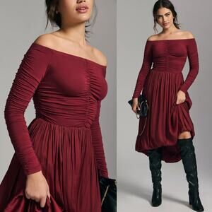 ANTHROPOLOGIE Red Ruched Bubble Hem Midi Dress Peasant Festival Renaissance Sz M
